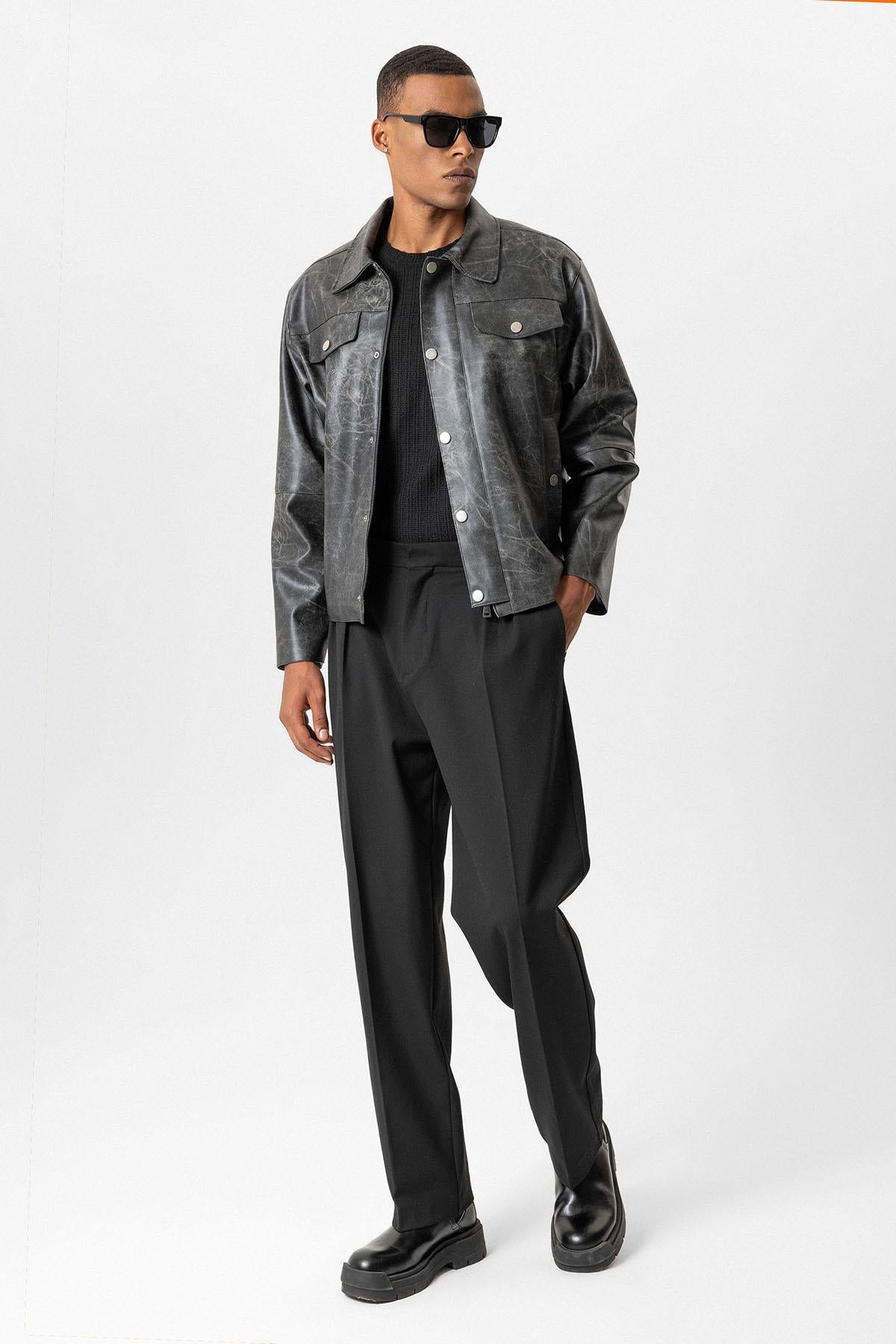 Black Crop Fit Faux Leather Men's Jacket