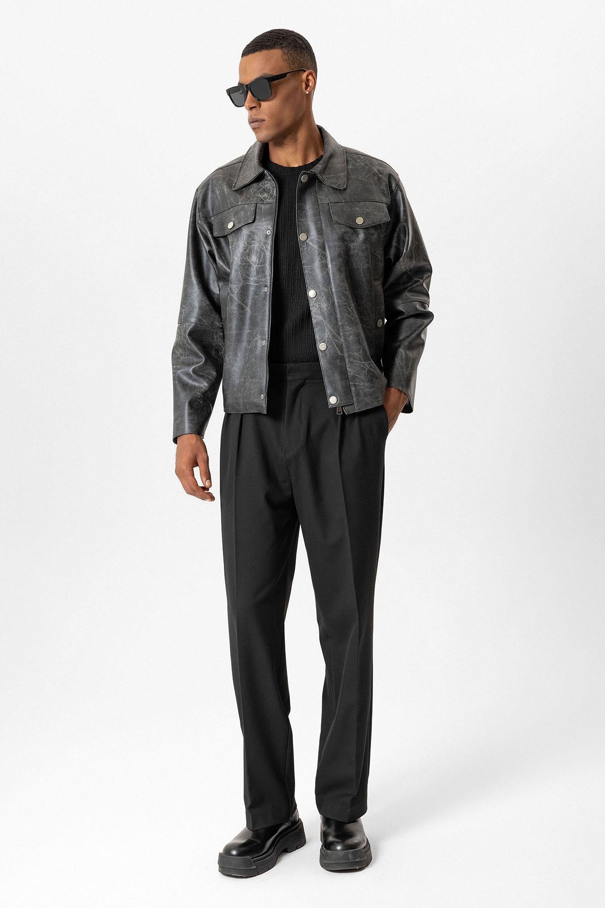 Black Crop Fit Faux Leather Men's Jacket