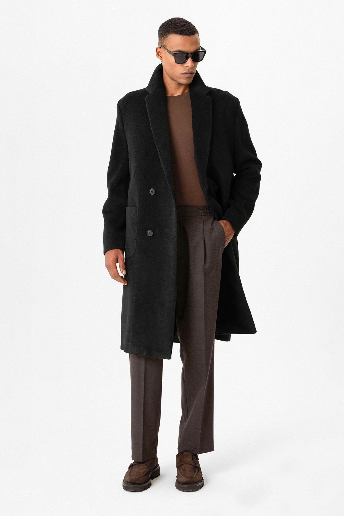Black Textured Double-Breasted Men's Coat