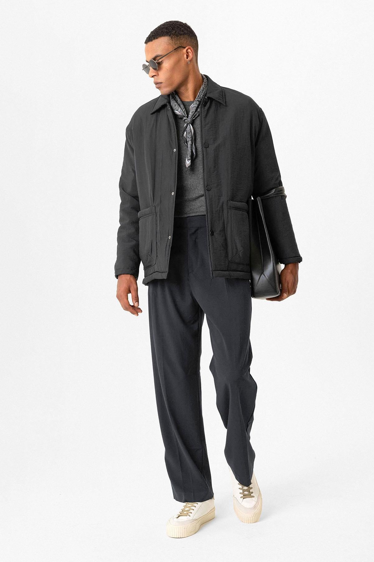 Black Lightly Padded Men's Jacket with Cargo Pockets