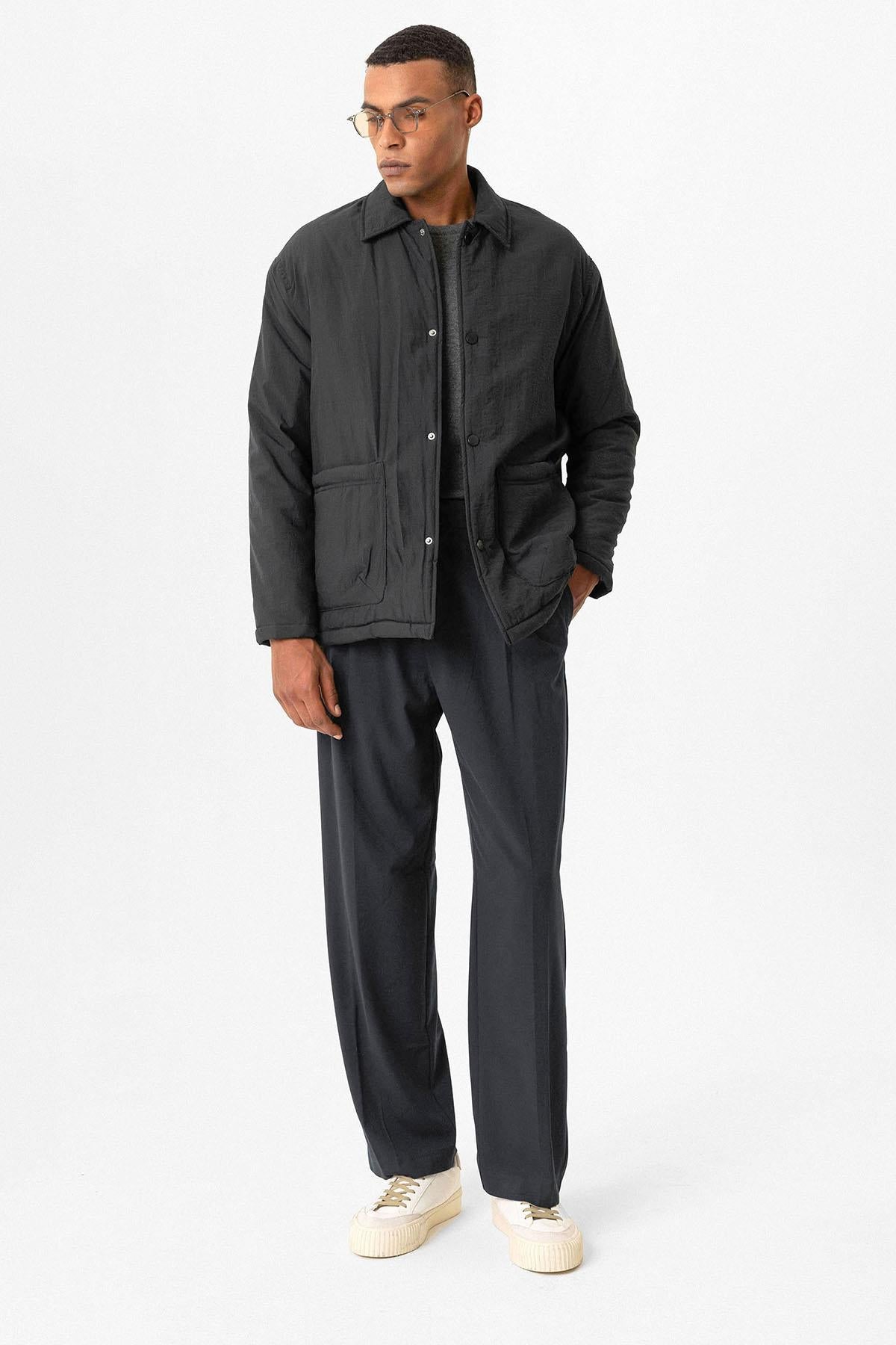 Black Lightly Padded Men's Jacket with Cargo Pockets