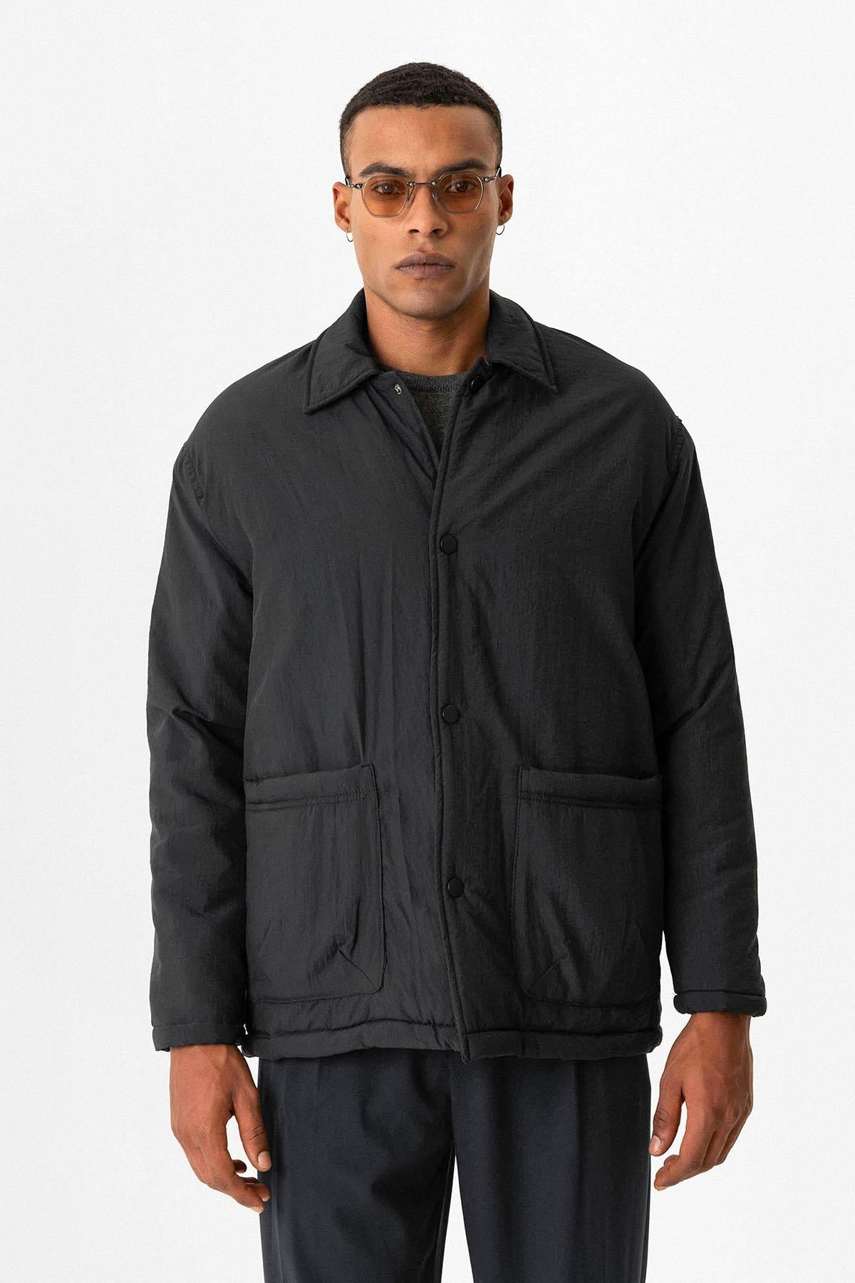Black Lightly Padded Men's Jacket with Cargo Pockets