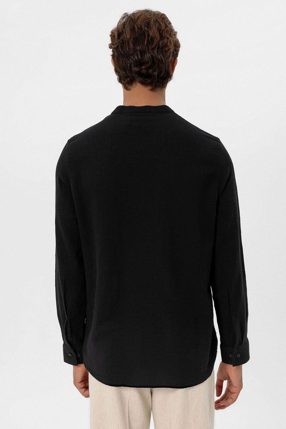 Men's Black Mandarin Collar Woven Shirt