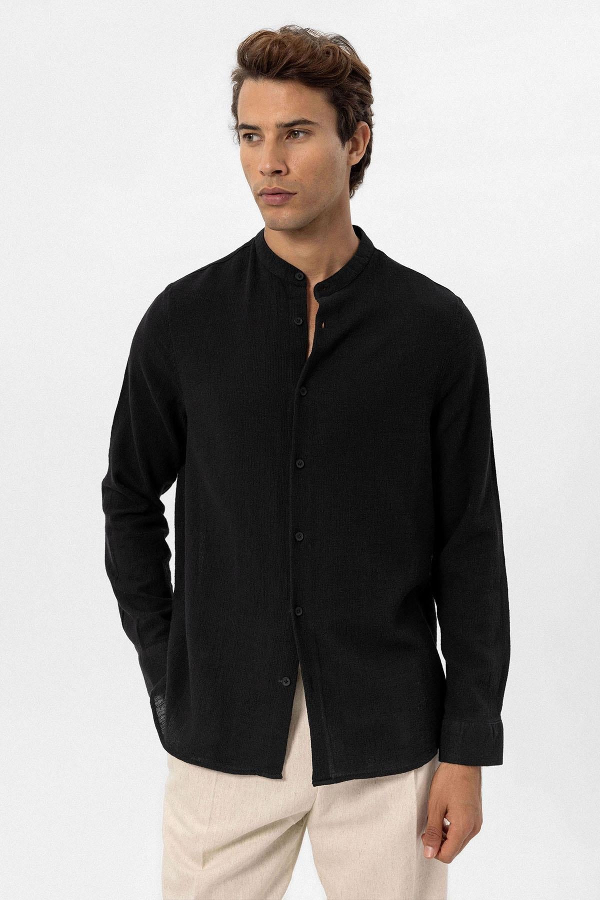 Men's Black Mandarin Collar Woven Shirt