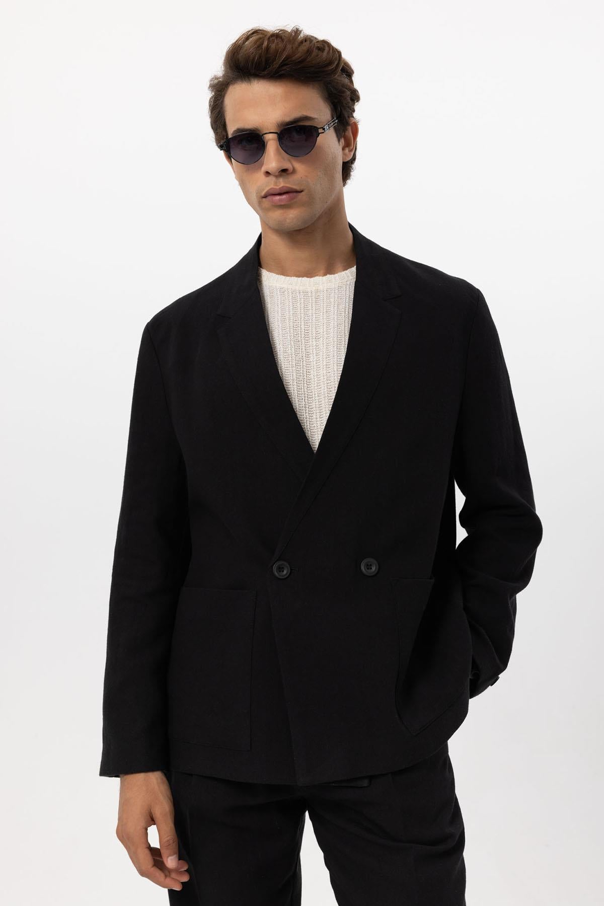 KOALA SYDNEY Men's Black Linen Blend Double-Breasted Jacket