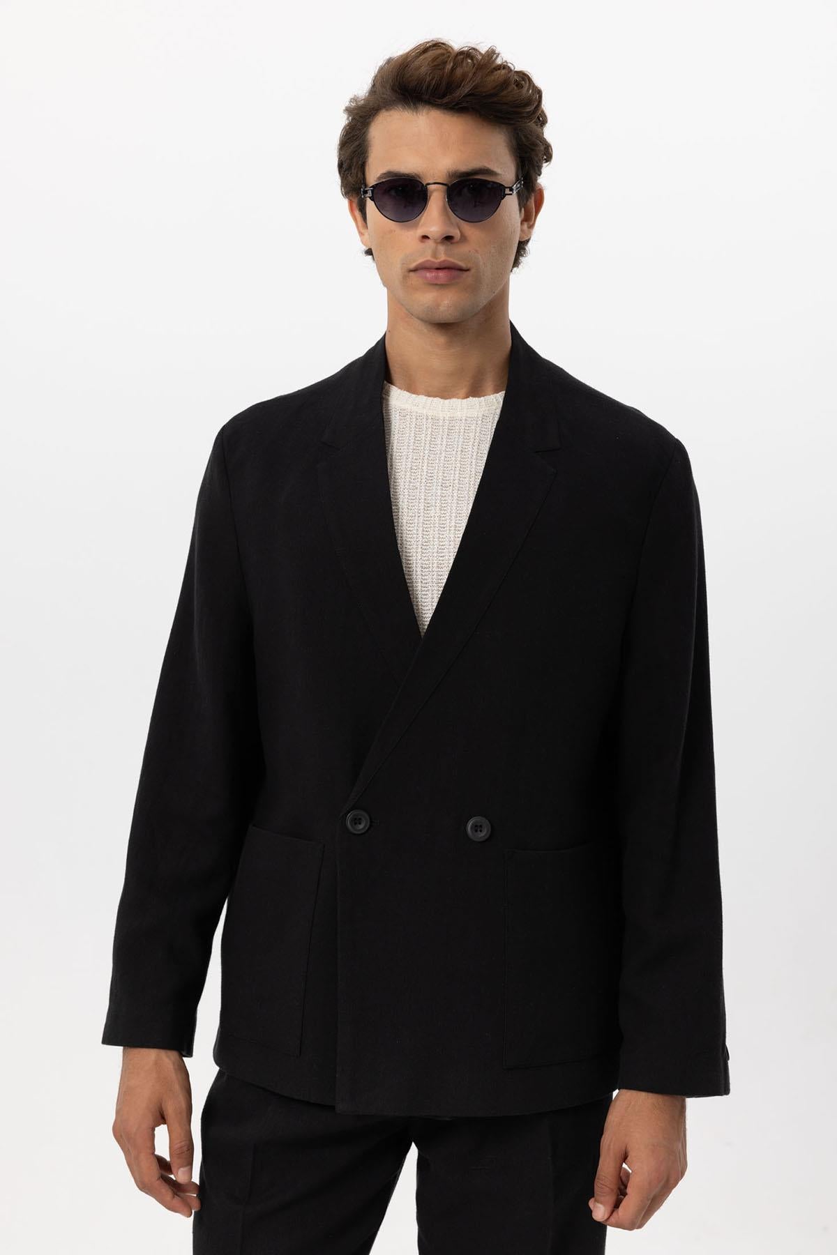KOALA SYDNEY Men's Black Linen Blend Double-Breasted Jacket