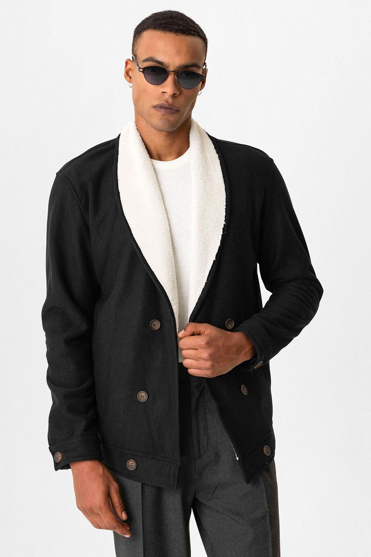 Black Contrast Collar Men's Jacket with Lining Detail
