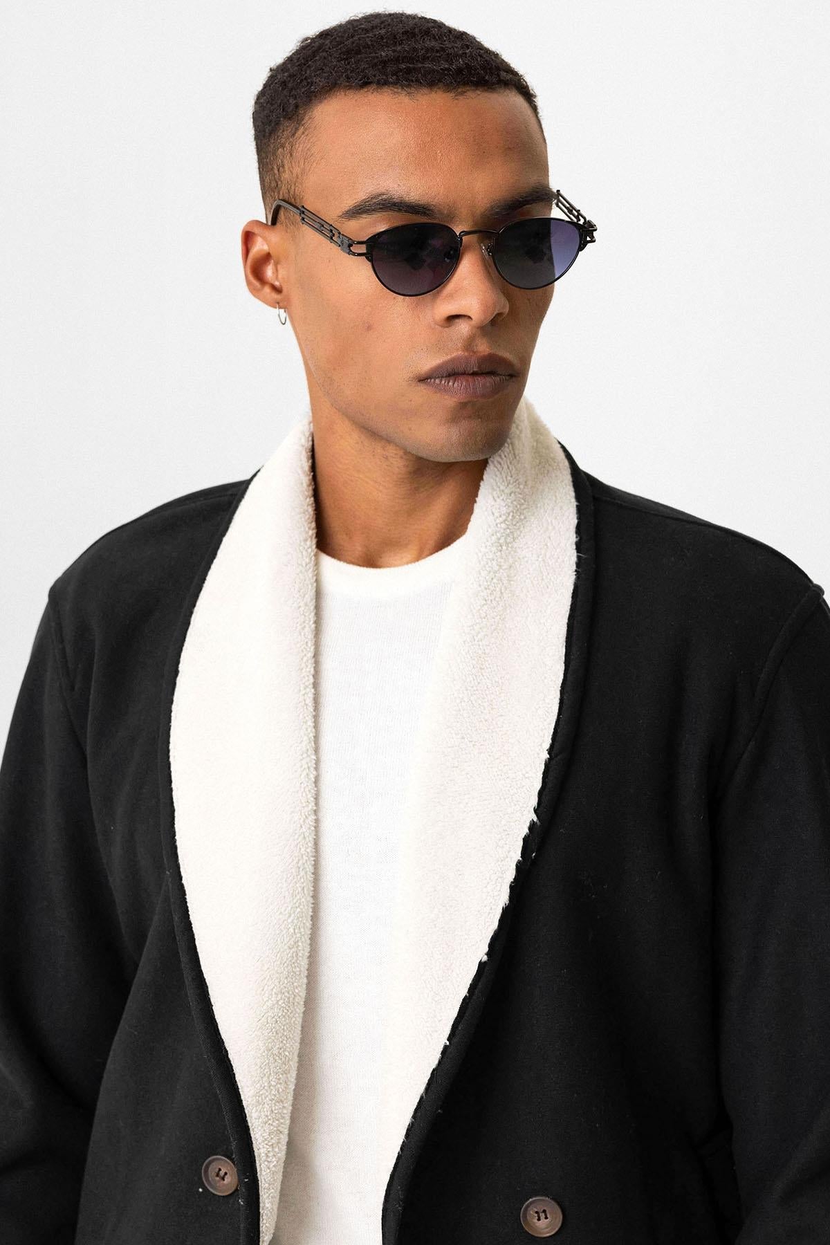 Black Contrast Collar Men's Jacket with Lining Detail