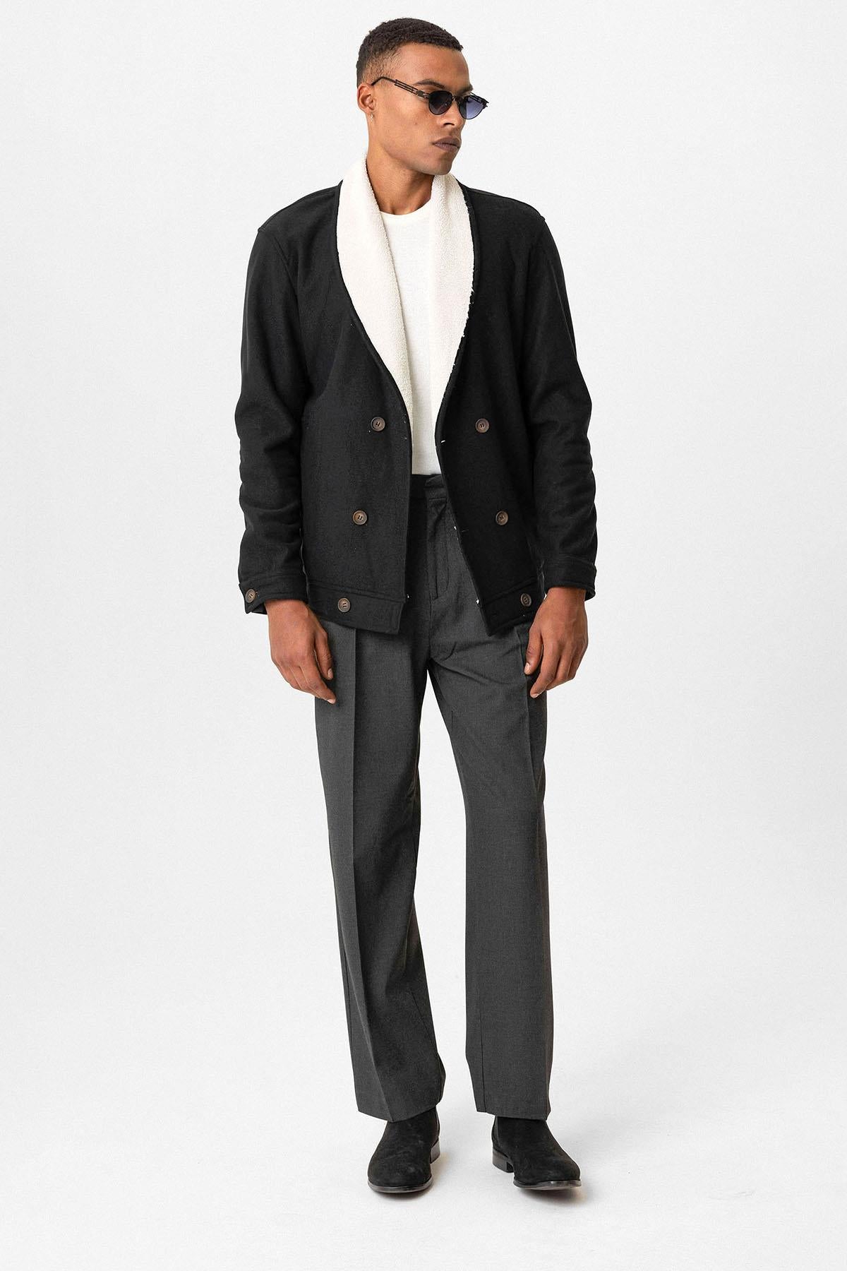 Black Contrast Collar Men's Jacket with Lining Detail