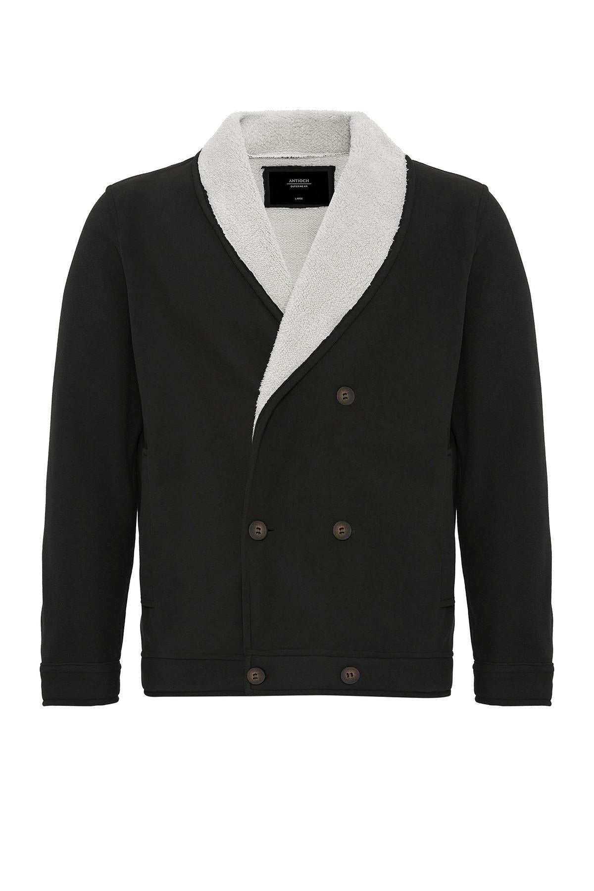 Black Contrast Collar Men's Jacket with Lining Detail