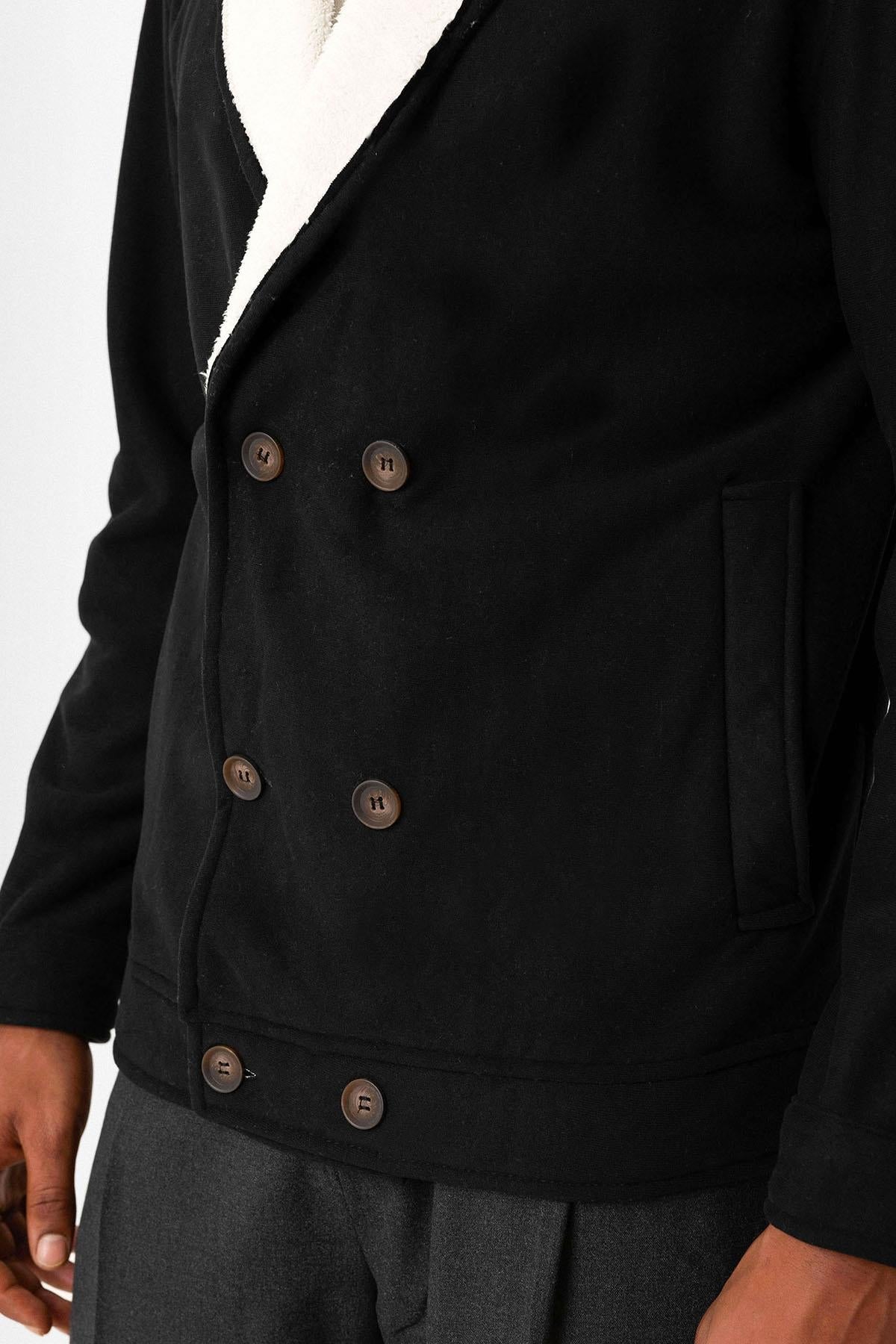Black Contrast Collar Men's Jacket with Lining Detail