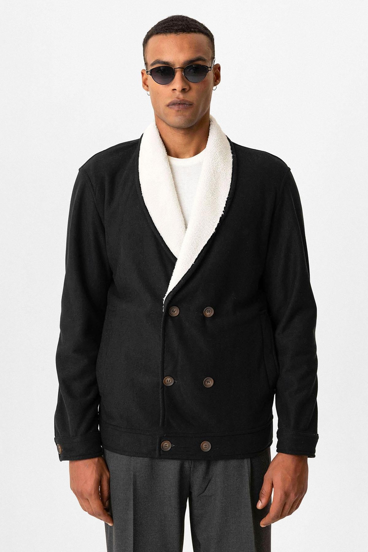 Black Contrast Collar Men's Jacket with Lining Detail