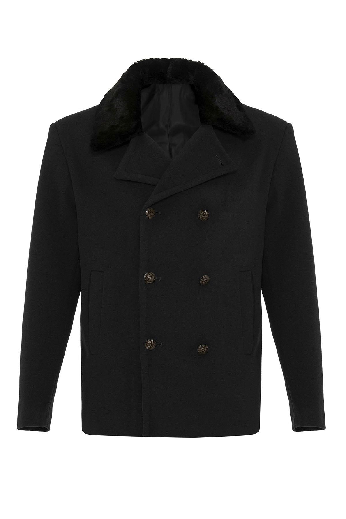 Black Fur Collar Double-Breasted Men's Coat
