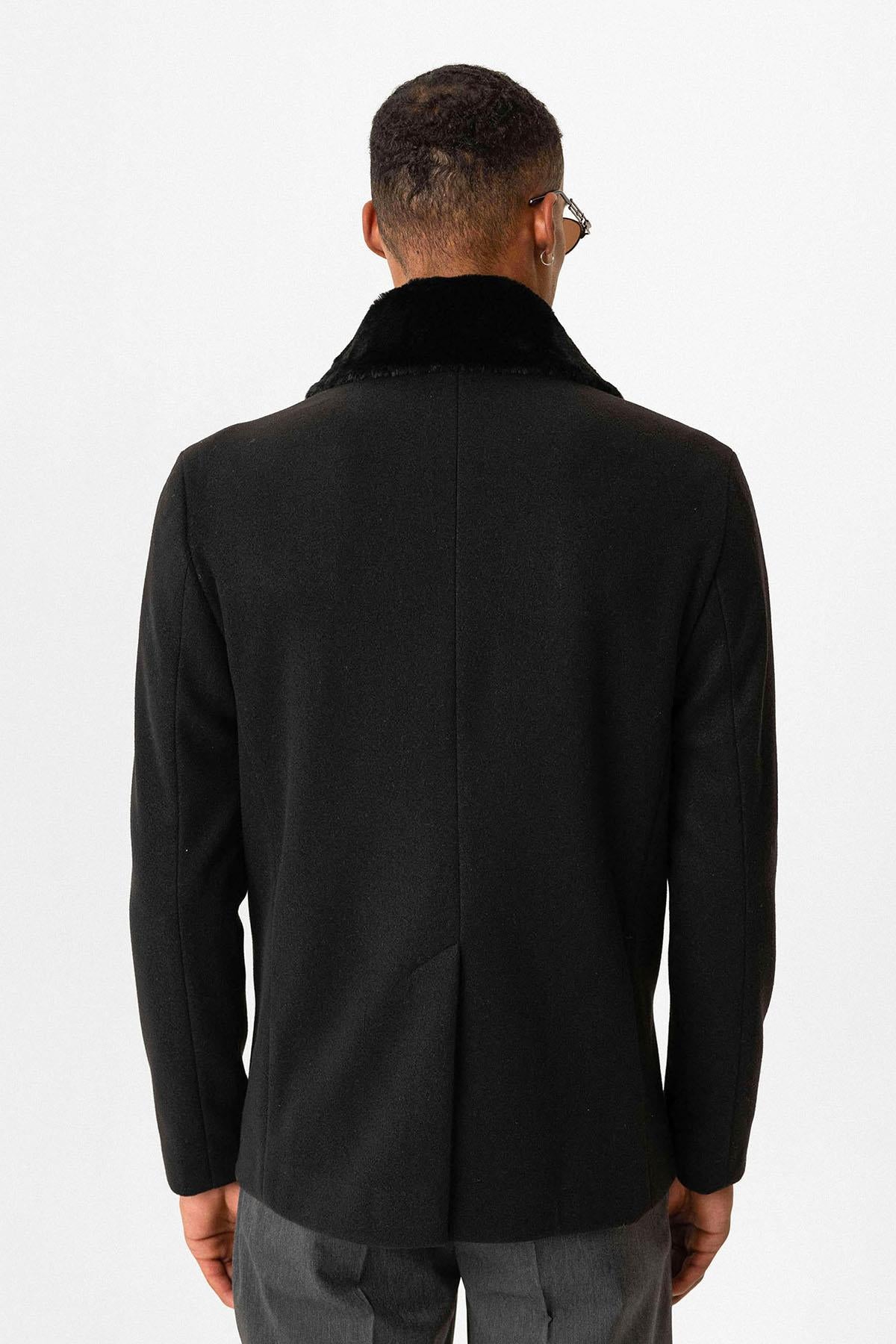 Black Fur Collar Double-Breasted Men's Coat