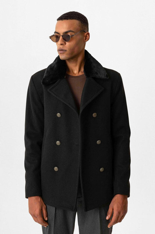 Black Fur Collar Double-Breasted Men's Coat