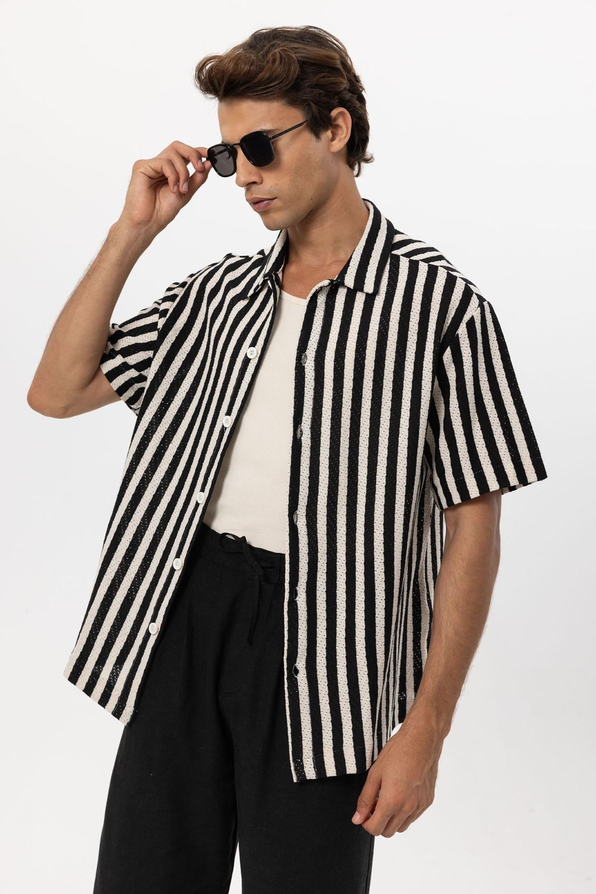KOALA SYDNEY Men's Black Oversized Knit Striped Shirt