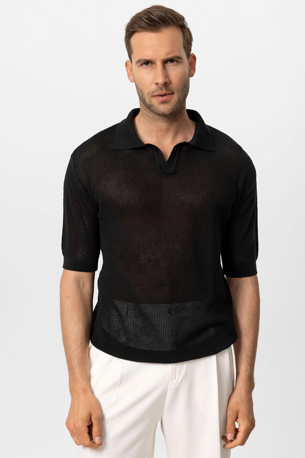 KOALA SYDNEY Men's Black Polo Neck Knit T-Shirt