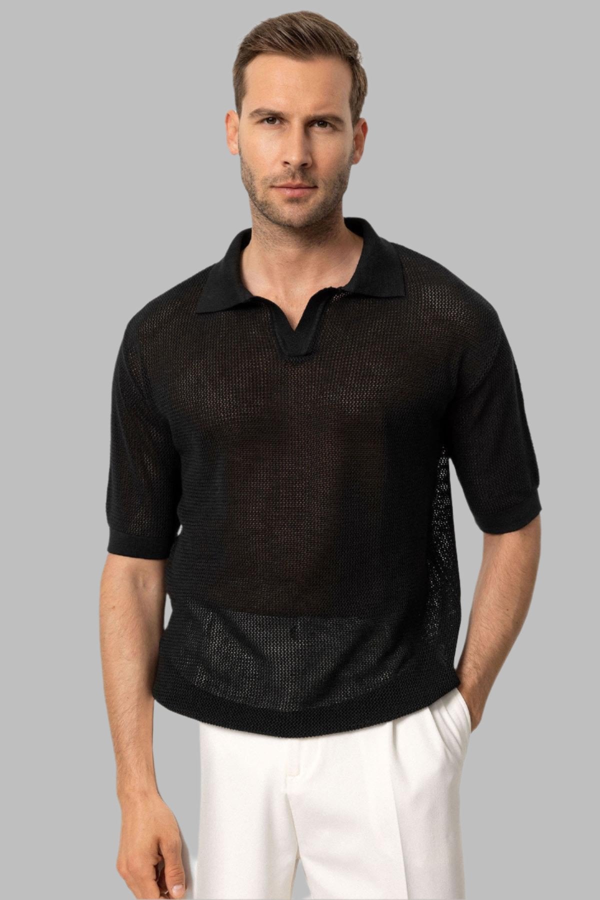 KOALA SYDNEY Men's Black Polo Neck Knit T-Shirt