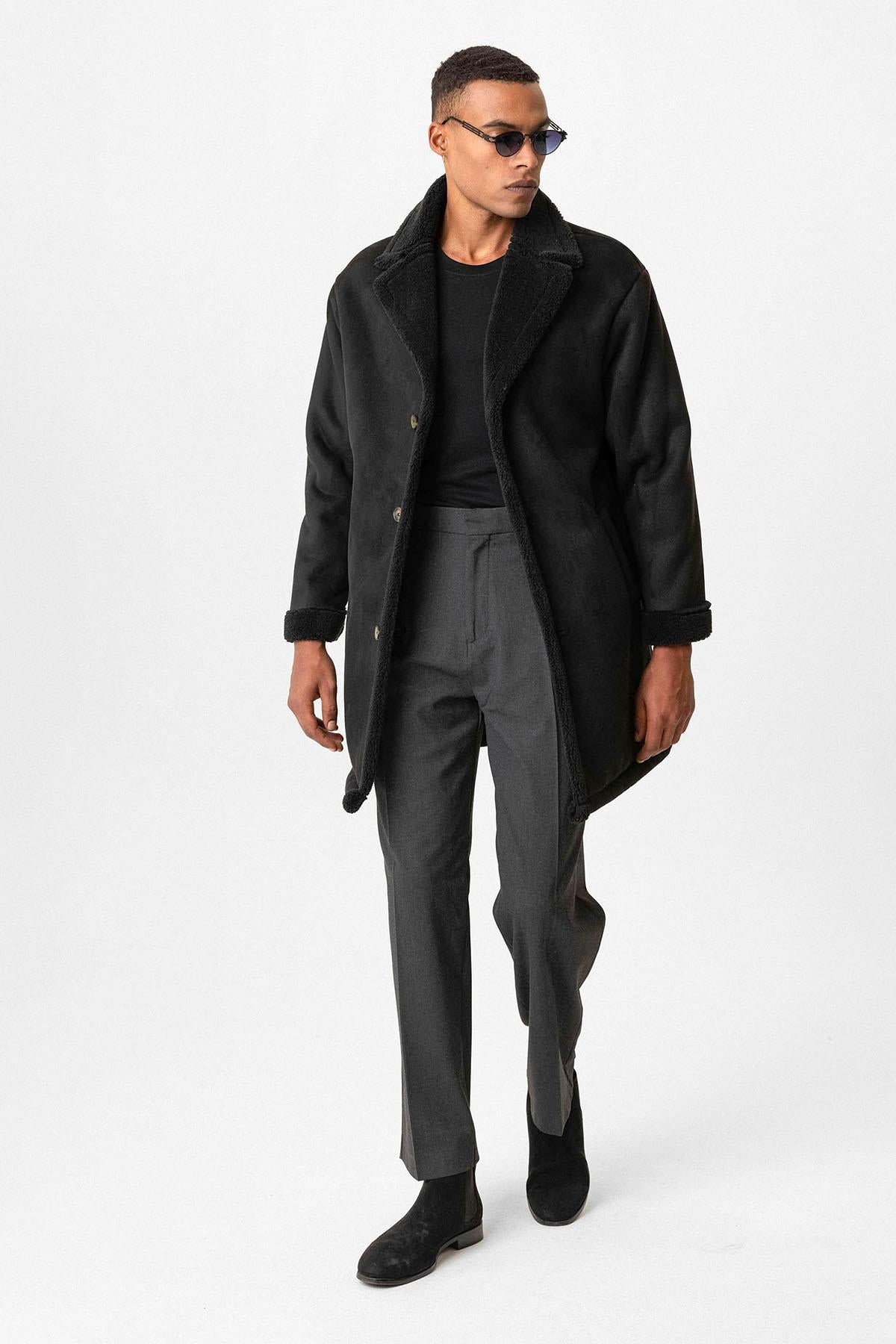 Black Suede-Look Men's Jacket with Lining Detail