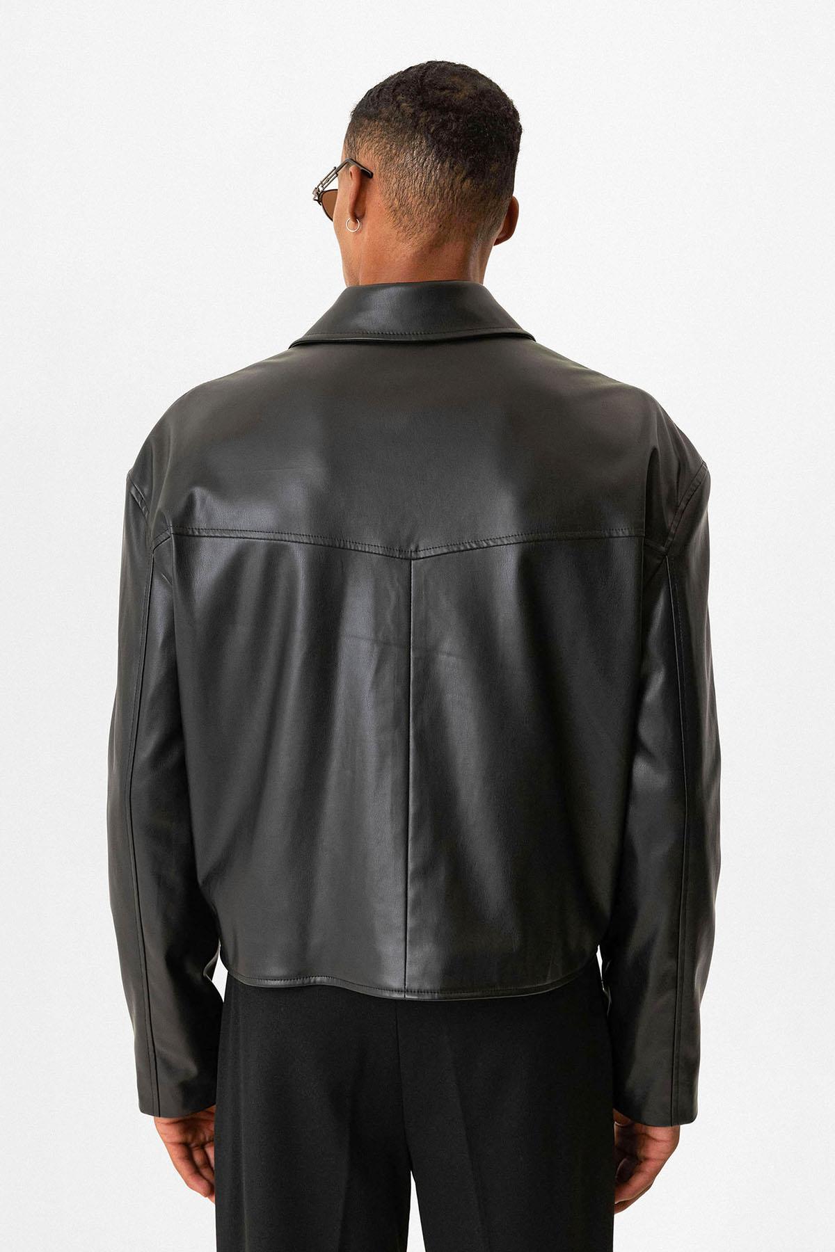 Black Faux Leather Crop Fit Men's Jacket