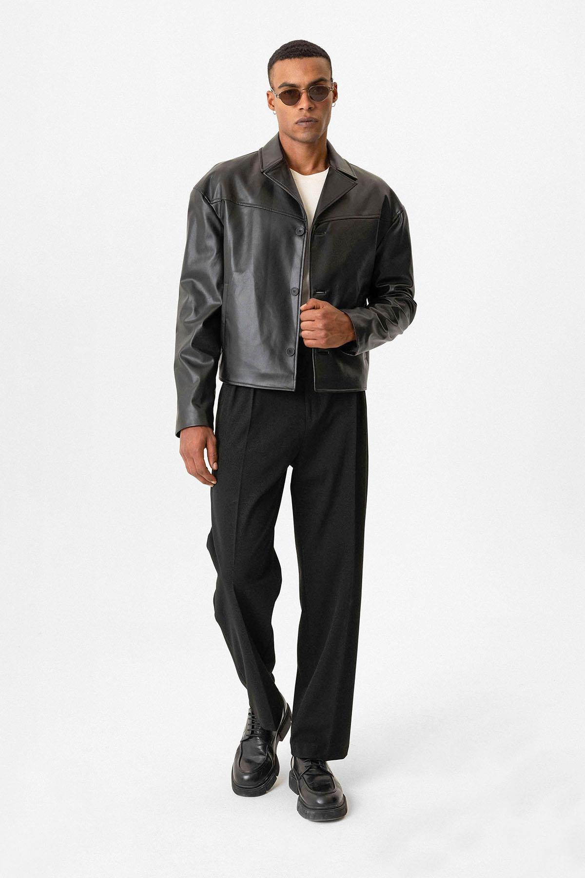 Black Faux Leather Crop Fit Men's Jacket