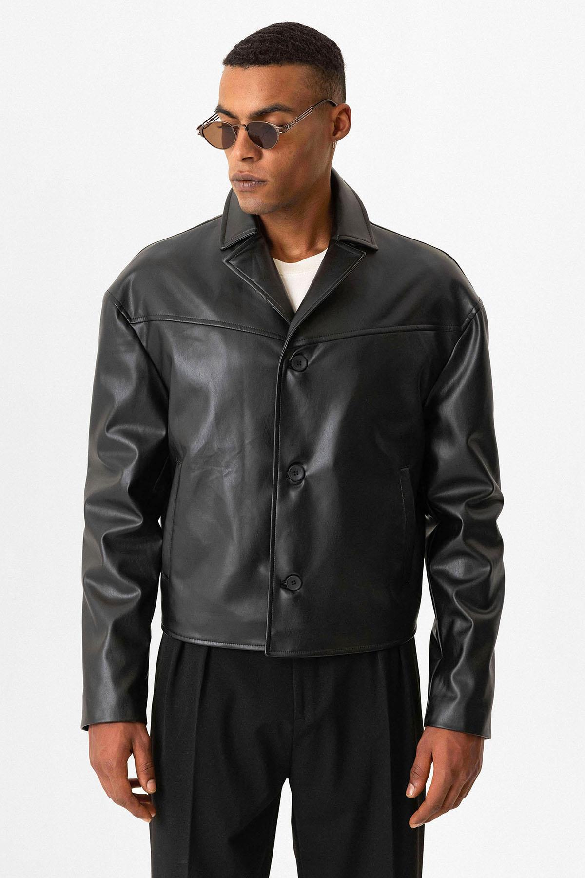 Black Faux Leather Crop Fit Men's Jacket