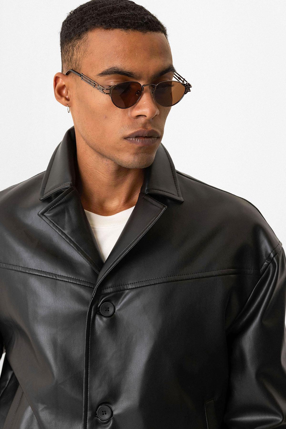 Black Faux Leather Crop Fit Men's Jacket