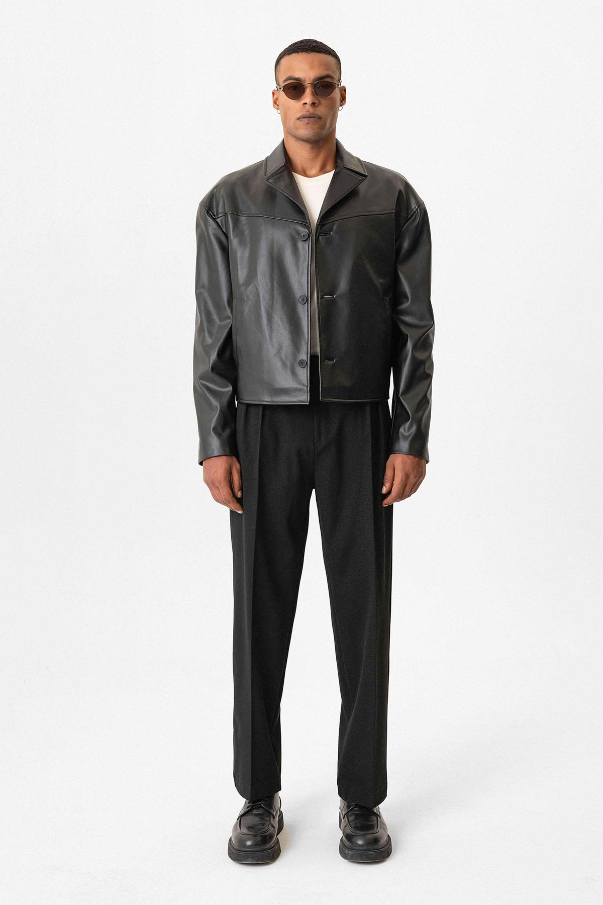 Black Faux Leather Crop Fit Men's Jacket