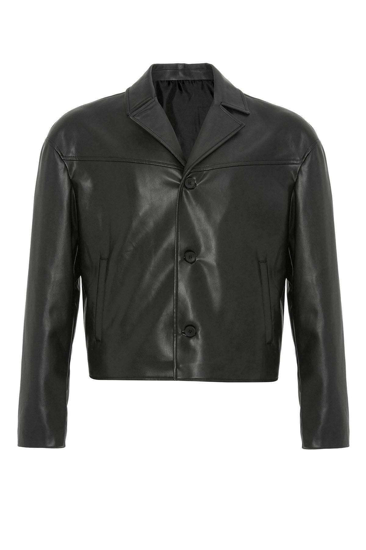 Black Faux Leather Crop Fit Men's Jacket