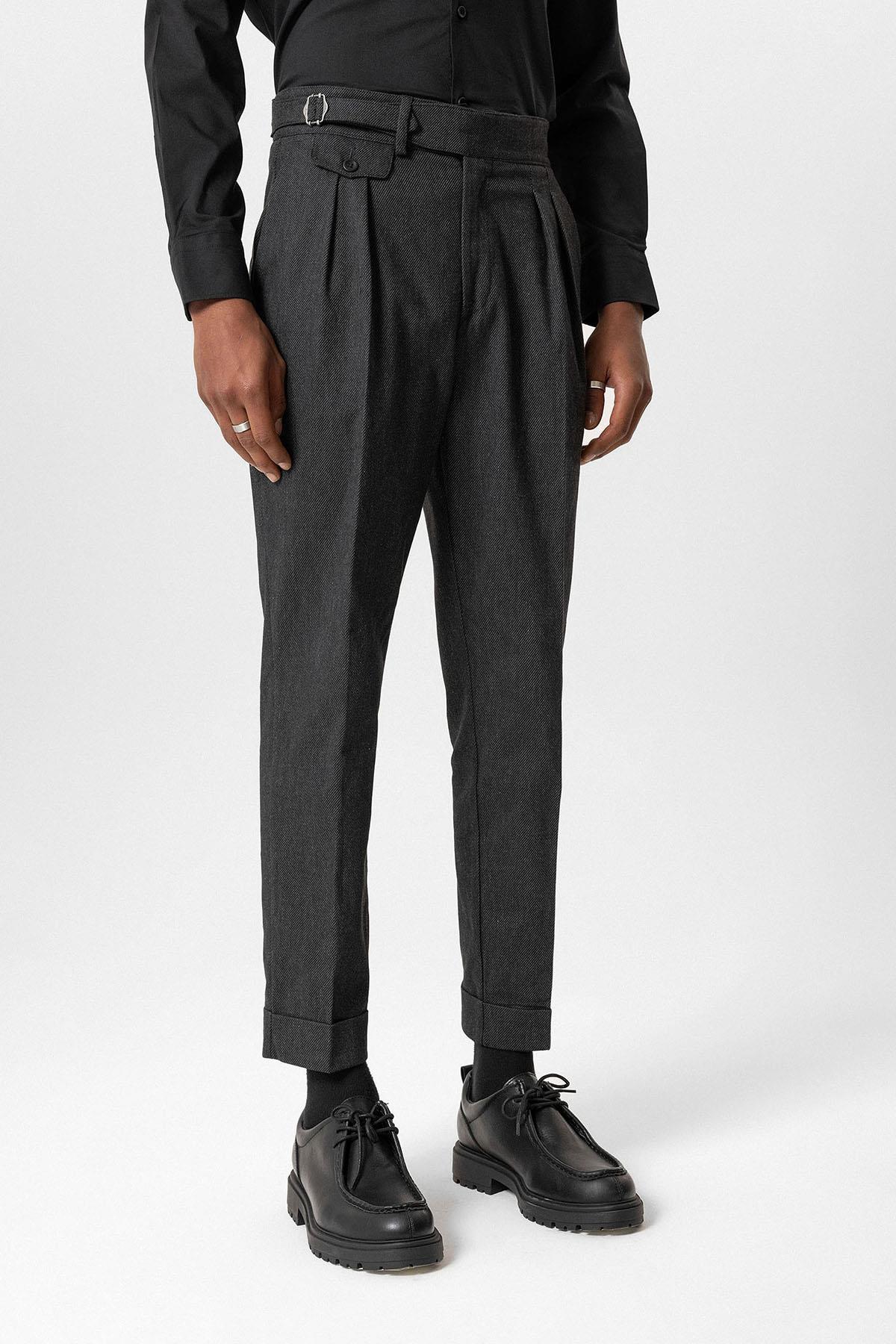Black High-Waisted Men's Trousers with Buckle Detail