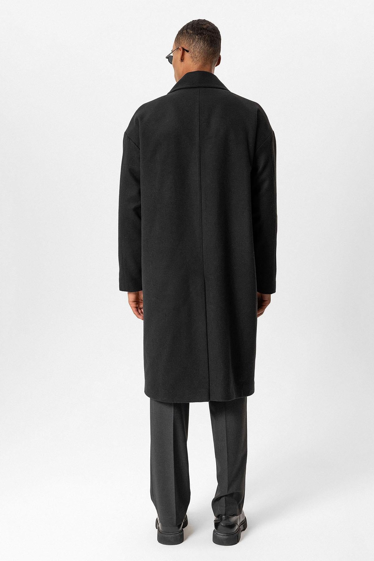Black Wool-Blend Double-Breasted Men's Coat