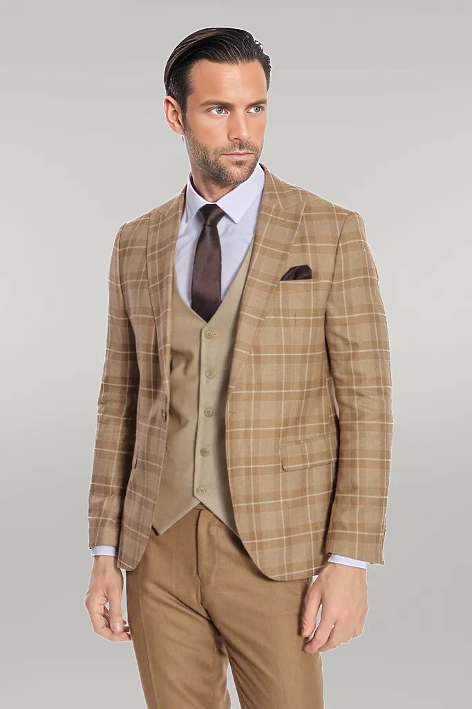 Slim Fit Checked Beige Men Suit