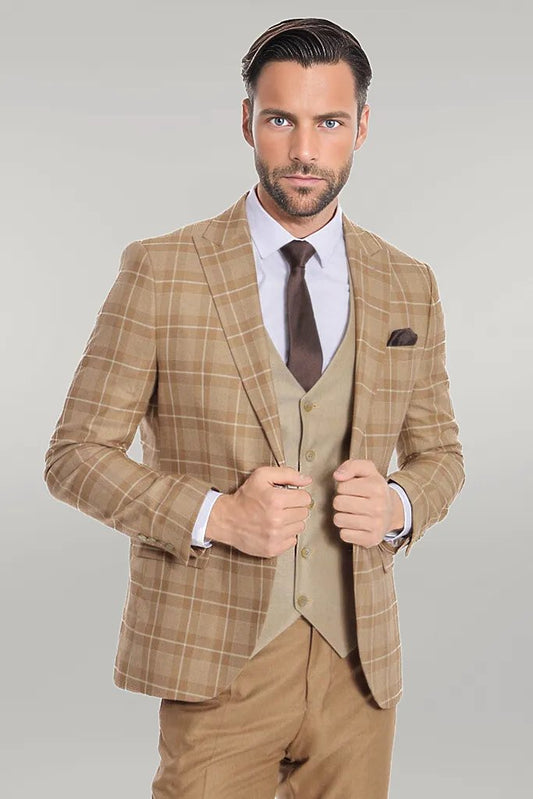 Slim Fit Checked Beige Men Suit