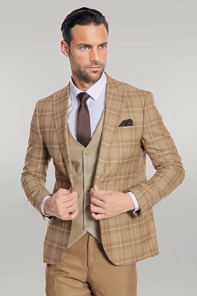 Slim Fit Checked Beige Men Suit