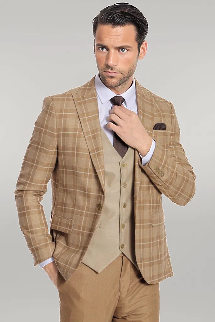 Slim Fit Checked Beige Men Suit