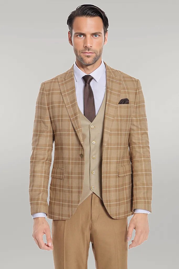 Slim Fit Checked Beige Men Suit