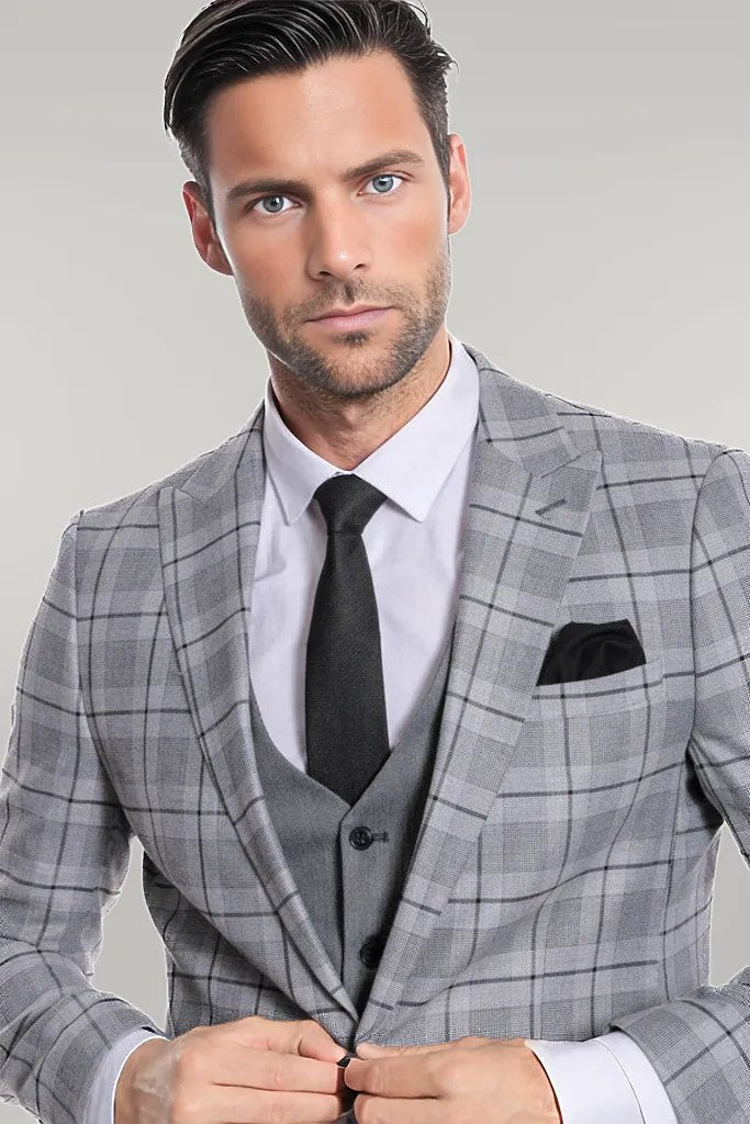 Slim Fit Checked Grey Men Suit