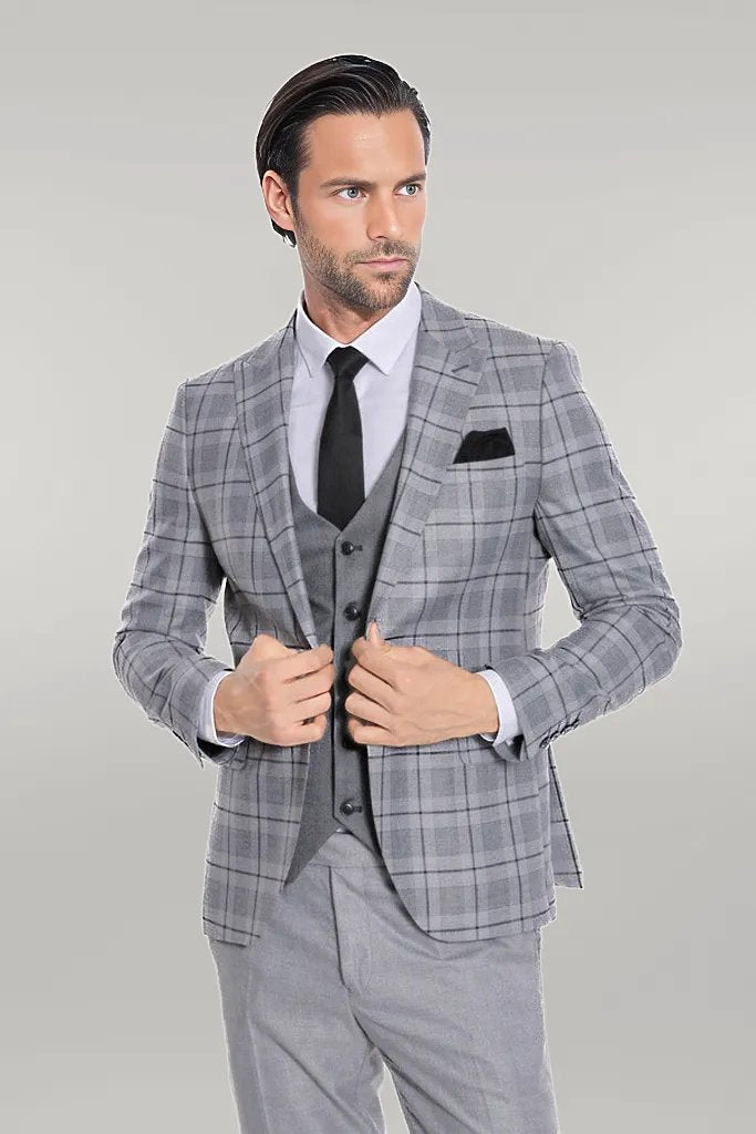 Slim Fit Checked Grey Men Suit