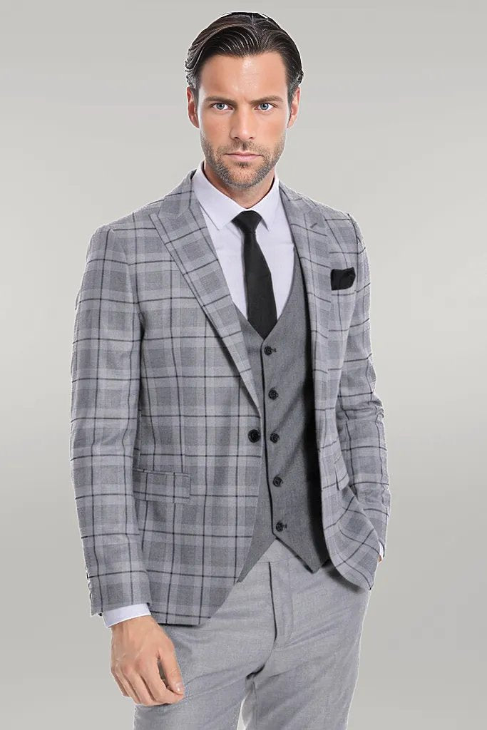 Slim Fit Checked Grey Men Suit