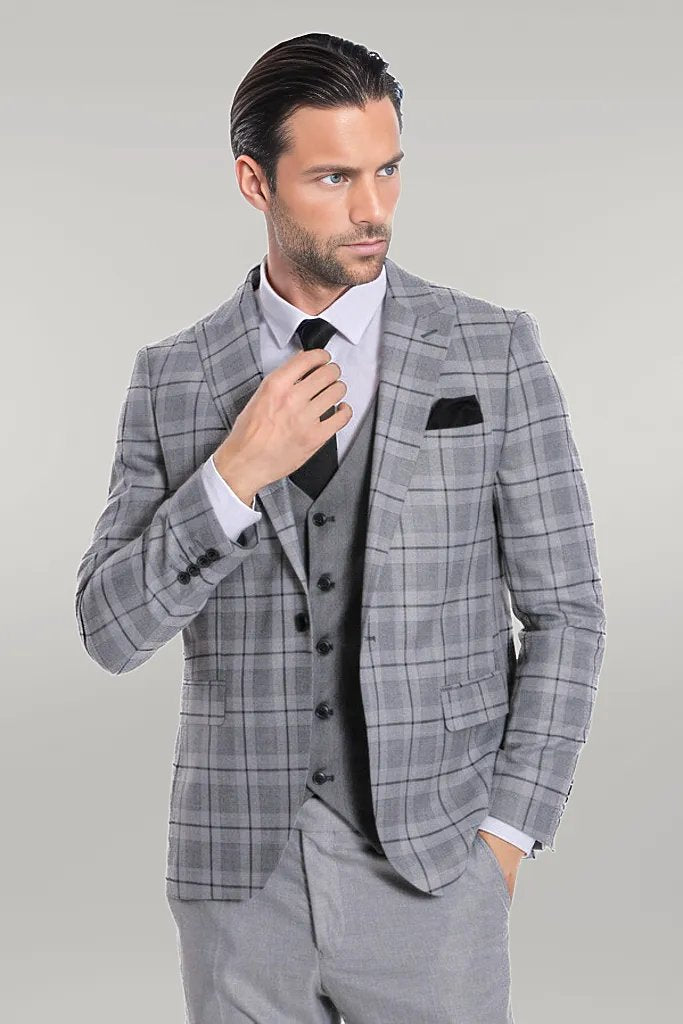 Slim Fit Checked Grey Men Suit
