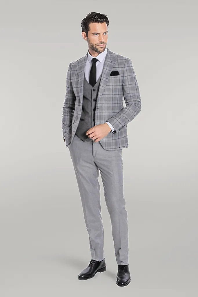Slim Fit Checked Grey Men Suit