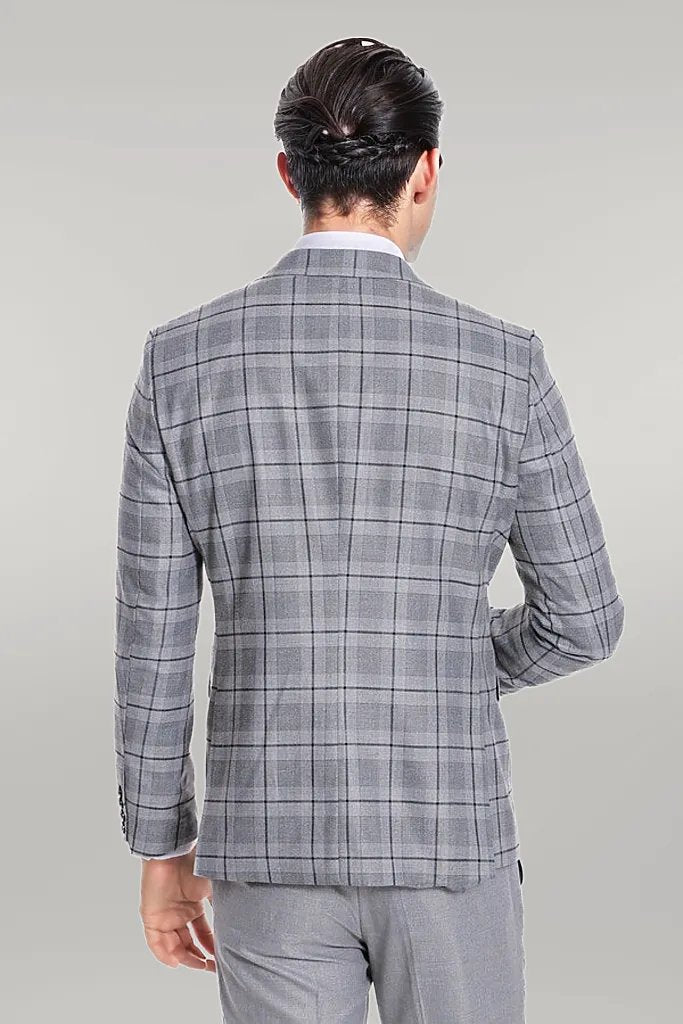 Slim Fit Checked Grey Men Suit