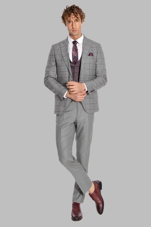 KOALA SYDNEY Slim Fit Checked Patterned Grey Men Suit -