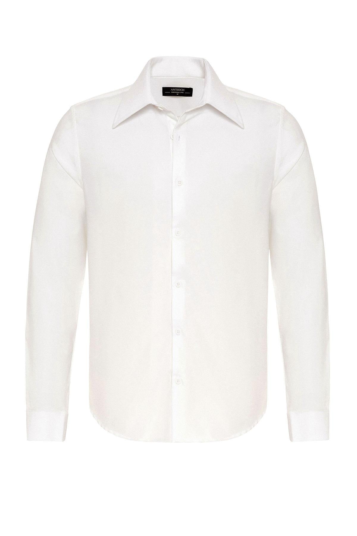 Men's White Slim Fit Long Sleeve Wide Collar Shirt