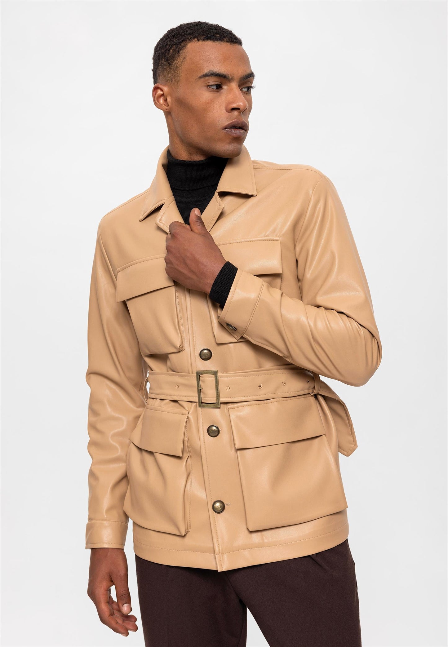 Men's Beige Slim Fit Belted Faux Leather Coat