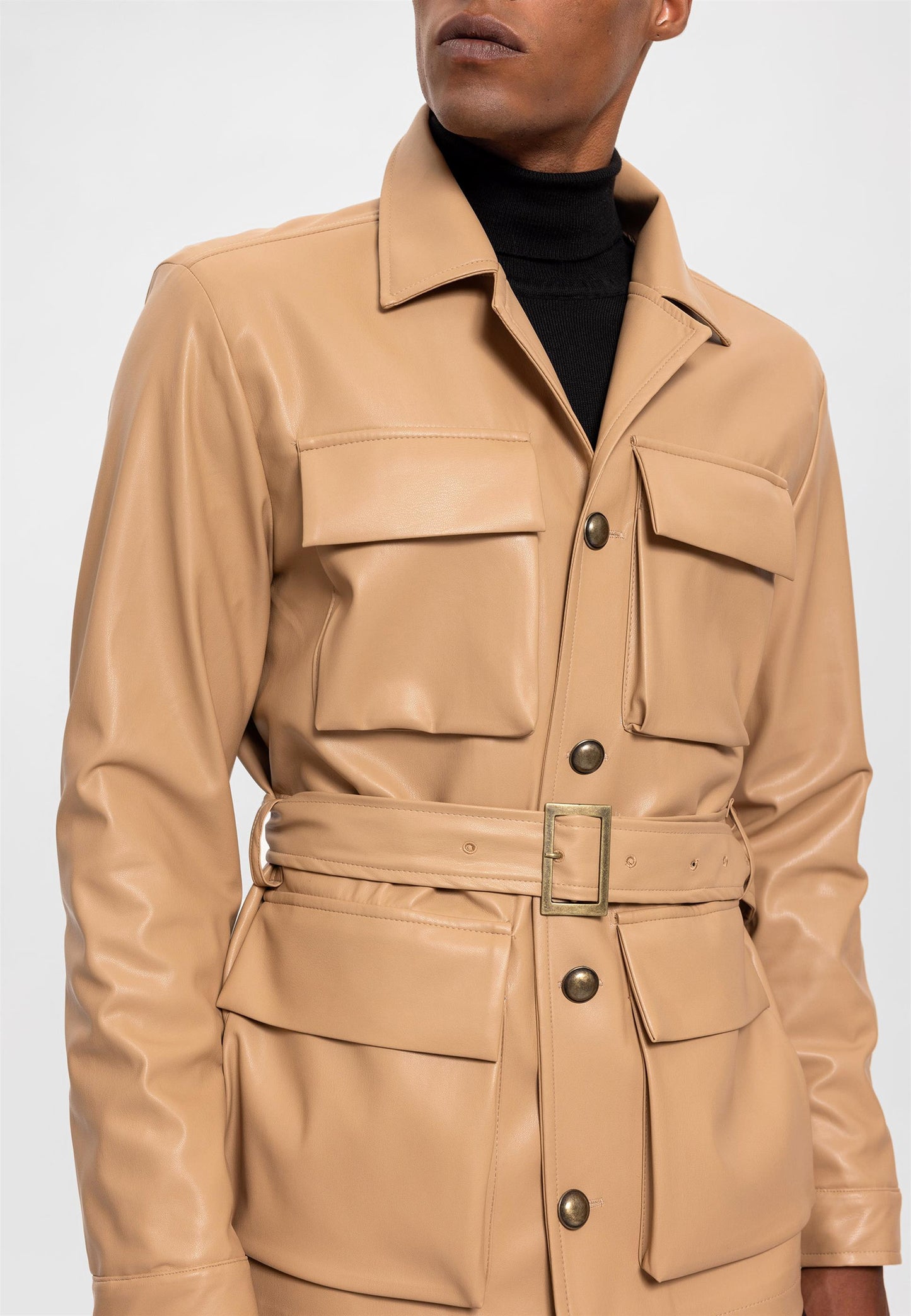 Men's Beige Slim Fit Belted Faux Leather Coat