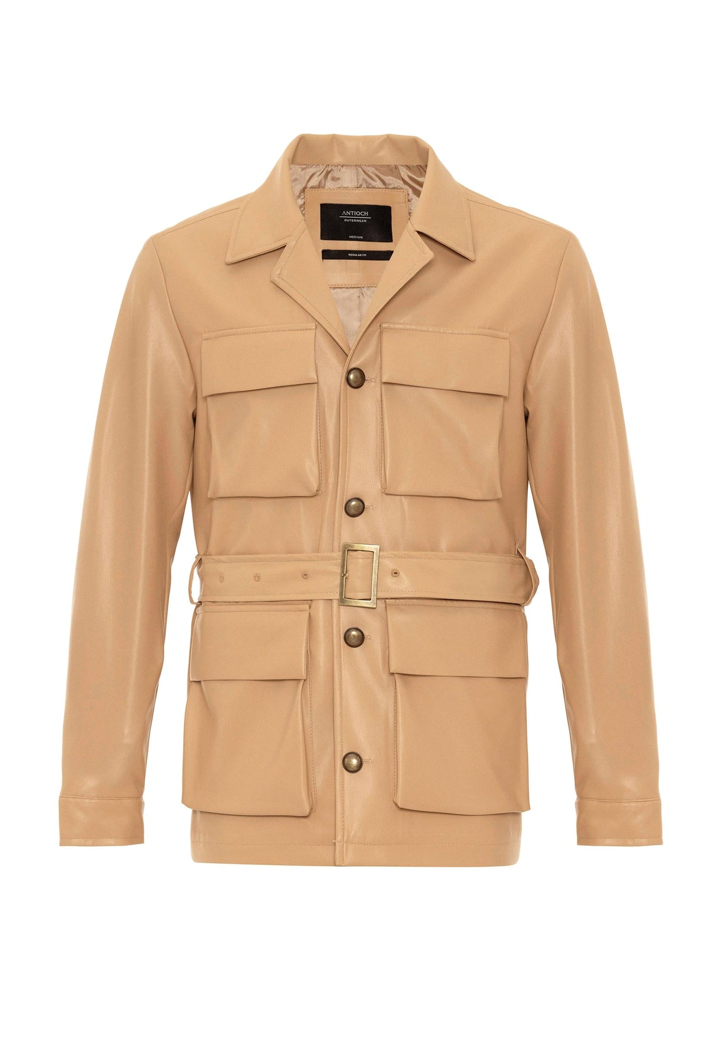 Men's Beige Slim Fit Belted Faux Leather Coat