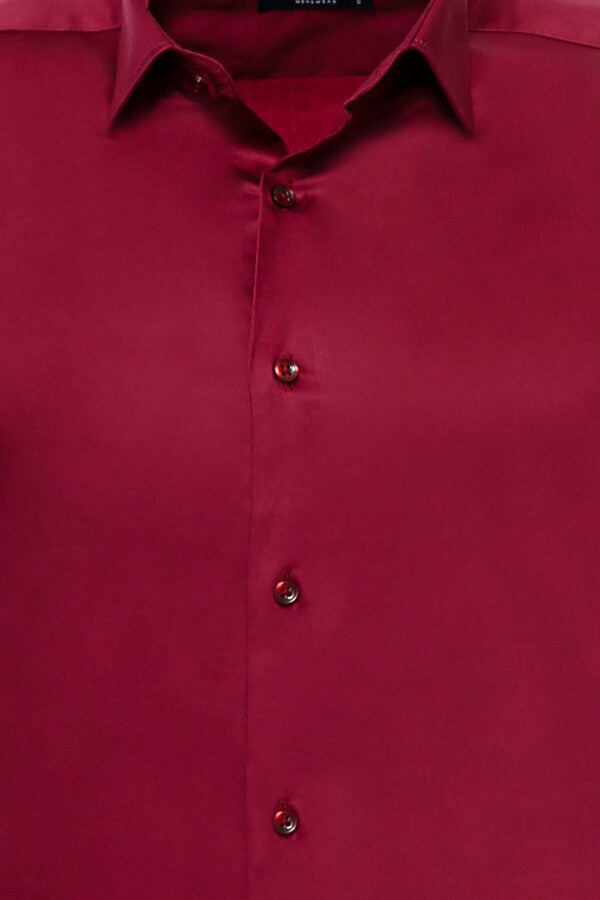 Slim Fit Long Sleeve Burgundy Men Shirt -