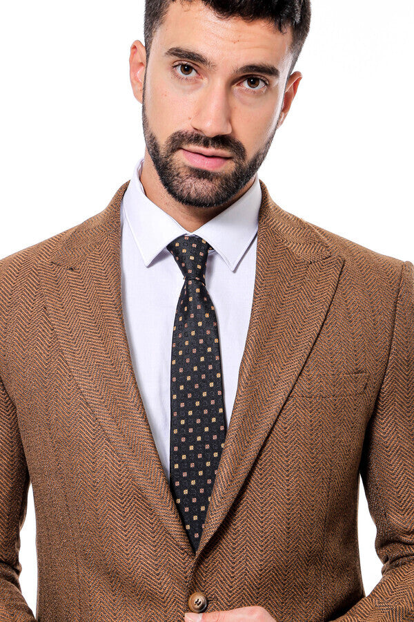 Slim Fit Patterned Light Brown Men Blazer -