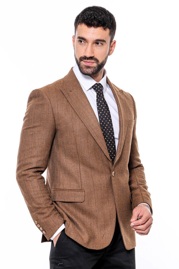 Slim Fit Patterned Light Brown Men Blazer -